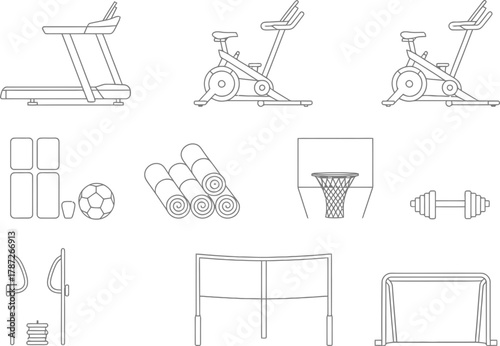 Modern fitness equipment line art showcases a healthy and active life design architectural drawing