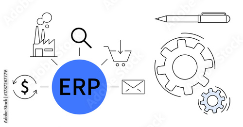 Central ERP concept encircled by factory, magnifying glass, shopping cart, email, dollar sign, and gears. Ideal for efficiency, automation, business management logistics optimization workflow