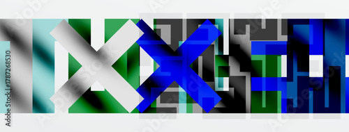 Abstract geometric shapes, blue, green, gray. Overlapping rectangles create complex visual texture. Minimalist design, modern aesthetic.