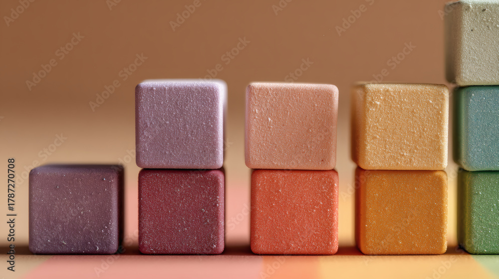Fototapeta premium Close-up shot of colorful stacked cubes, showcasing various pastel shades and textures.