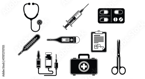 Medical equipment vector set healthcare tools and instruments art editable stock