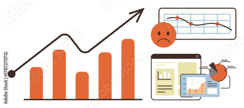 Bar graph with upward arrow, chart with downward trend, and data interface with analytics tools. Ideal for financial reporting, market analysis, data trends, performance metrics, business growth