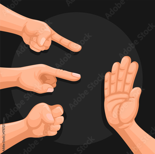 Hand Gestures of Blame and Defense — Pointing Fingers and Stop Sign Illustration Vector