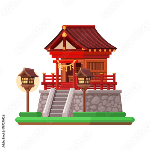 Japanese Shinto Shrine with Lanterns — Traditional Asian Temple Vector Illustration