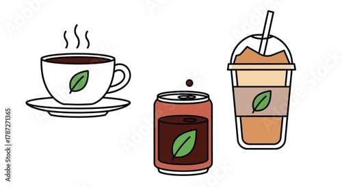 Organic tea drinks illustration of hot iced and canned tea set editable stock