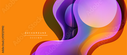 Abstract fluid shapes overlap, creating vibrant orange, purple hues. Modern design element for backgrounds, presentations. Smooth gradients dominate composition.