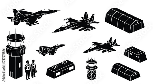 Military airbase isometric vector illustration black and white editable stock