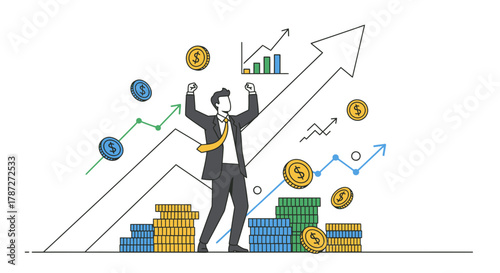 Optimistic business professional celebrates significant financial growth and investment success, symbolizing prosperous market trends and profit achievement in a dynamic economy