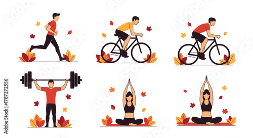 Fitness and Wellness Activities in Autumn - Running, Cycling, Weightlifting and Yoga