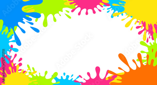 Vibrant frame of colorful paint splatters and ink blots on a white background, creating a fun and artistic border with empty copy space