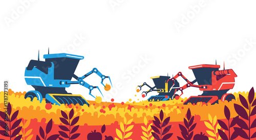 Agricultural Robots Harvesting Crops in a Field Smart Farming Illustration