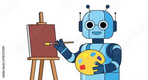 Robot artist painting canvas ai art generation illustration editable stock