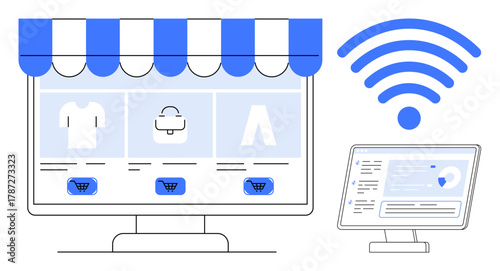 Digital storefront on computer screen displaying apparel and shopping cart buttons beside a wireless symbol and tablet. Ideal for online shopping, technology, connectivity, retail, business