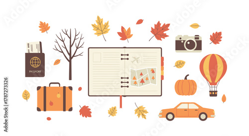 A flat lay illustration showcasing essential items for an autumn journey, including a travel diary, passport, camera, and map