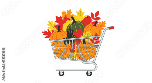 Vibrant autumn harvest in a shopping cart, symbolizing seasonal sales, Thanksgiving preparations, and the joyous spirit of fall shopping for fresh produce and festive decorations