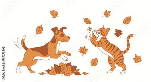Whimsical Autumn Fun Cartoon Dog and Cat Playing in Falling Leaves