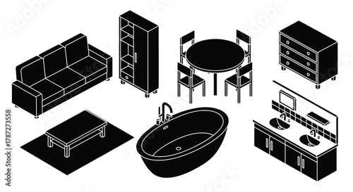 Isometric furniture set home interior design vector illustration editable stock