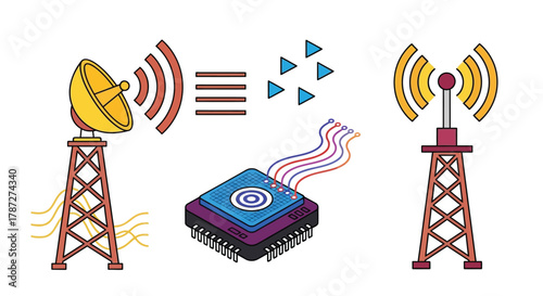 Wireless communication network antenna signal transmission concept editable stock