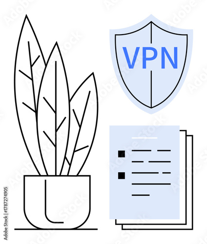 Shield labeled VPN, document checklist with bullet points, and leafy potted plant emphasize privacy, organization, and balance. Ideal for data protection, productivity, cybersecurity, home office