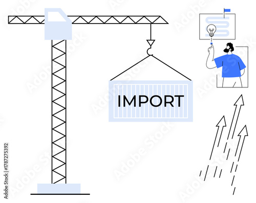 Crane hoisting an Import shipping container, accompanied by abstract arrows and a person with strategy visual. Ideal for business, trade, logistics, strategy, economic growth, globalization