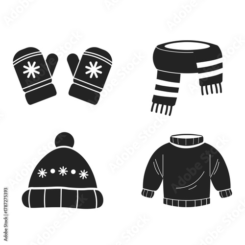Bundle isolated illustrations silhouette of winter sweater, winter hat, wool scarf and a pair of winter gloves for winter clothing accessories templates, stickers and image elements.