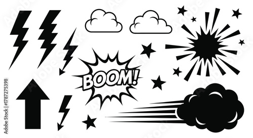 Vector graphic set of comic elements lightning boom clouds stars editable stock