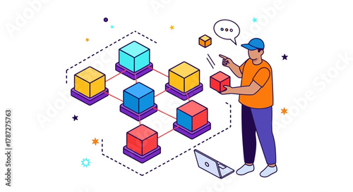 Blockchain technology concept with person and cubes illustration editable stock