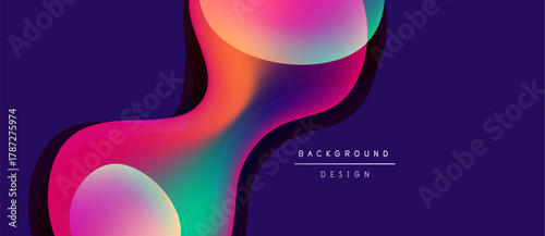 Abstract fluid shapes blend vibrant colors. Gradient design creates dynamic visual impact. Dark background emphasizes bright hues. Modern aesthetic.