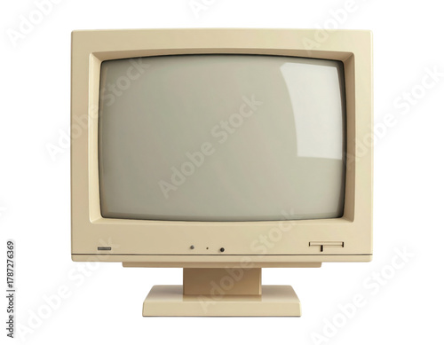 A 90s retro beige computer monitor, CRT screen, 3D render, retro tech, isolated on transparent background, PNG