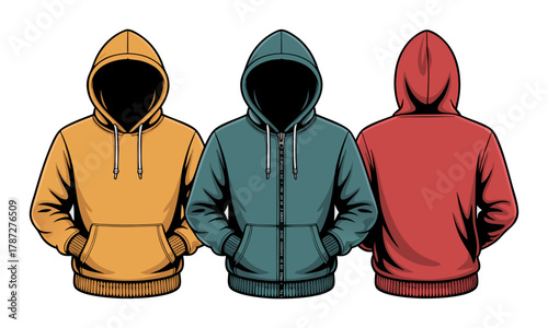  Unisex pullover and zip hoodies vector template illustration, easily editable.