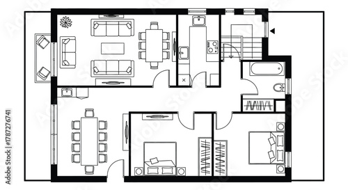 Detailed floor plan design for home with furniture arrangement editable stock