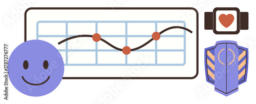 happy face, fitness tracker, heart rate chart, and health shield represent data tracking, wellness, and fitness. Ideal for health tech, self-care, productivity fitness well-being prevention