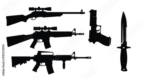 Weapons silhouette set rifle pistol and knife isolated vector art editable stock