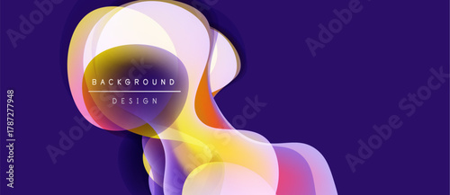 Abstract fluid shapes overlap, creating vibrant color gradients. Purple background emphasizes dynamic design elements. Modern, artistic composition.
