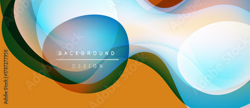 Abstract fluid shapes, vibrant colors blend. Modern design elements create dynamic composition. Orange, blue, green hues dominate visual space.