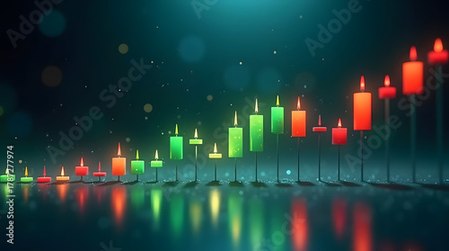 3D futuristic stock market candlestick chart with glowing green and red candles on a dark holographic interface, cinematic lighting and reflections. AI Generated.
