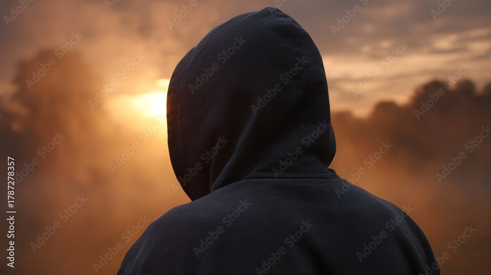 Naklejka premium A solitary figure in a dark hood looks towards a dramatic hazy sunset glow through atmospheric mist