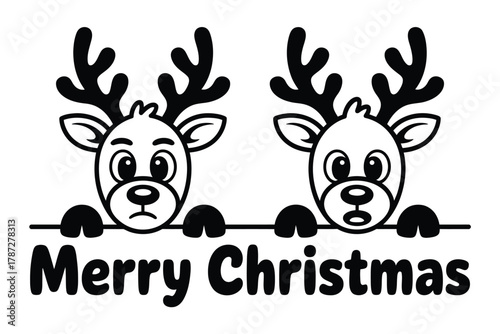 Two cartoon reindeer peeking over a 'Merry Christmas' sign with one looking sad and the other surprised.