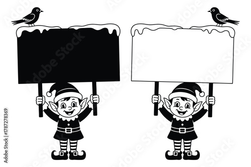 Two happy elves hold blank signs with birds on snowy rooftops above them.