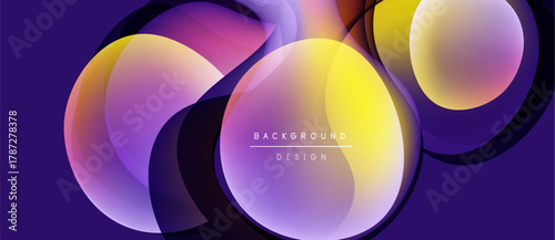 Abstract vibrant design. Overlapping circles, gradients create dynamic visual effect. Purple background enhances colorful forms. Modern aesthetic.