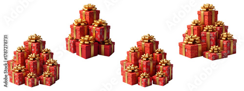 Set of stacked red gift box pyramids with gold bows