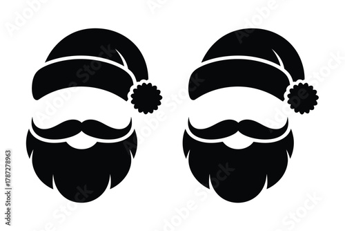 Two identical minimalist black silhouettes of Santa Claus's face with a hat, beard, and mustache.