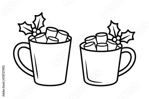 Two stylized mugs of hot chocolate topped with marshmallows and a festive holly sprig.