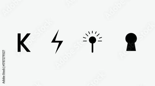 Minimalist Black Icons Set: Letter K, Lightning Bolt, Spark, and Keyhole Symbols for UI/UX Design Elements
