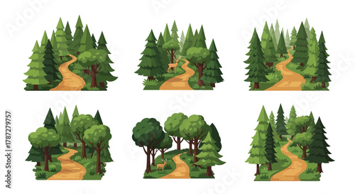 a series of forest scenes showing paths winding through trees
