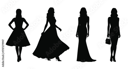 silhouettes of women in various elegant dresses posing gracefully