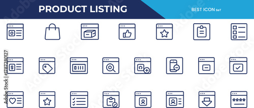 Product Listing Line Icons Pack — E-commerce, Rating, Price Tag & Catalog Outline Vector Symbols