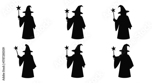 six wizards casting spells with stars glowing around their wands