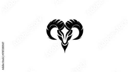 Powerful stylized ram head graphic isolated on white background, a strong tribal animal symbol with impressive curved horns.