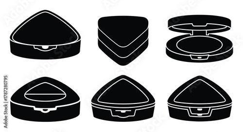 various styles of compact makeup cases displayed in black and white